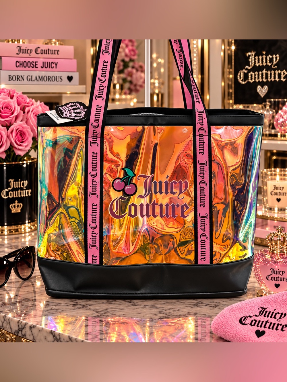 Juicy Couture Translucent Iridescent Black & Pink Logo Tote Bag Beach Bag Y2K